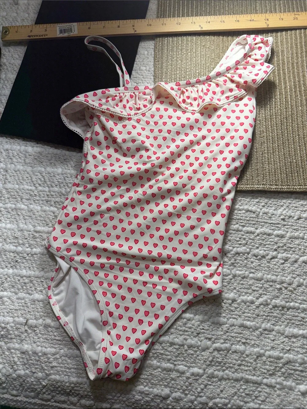 Roller Rabbit Girls Heart Print Ruffle One Piece Swimsuit White Pink Size 10